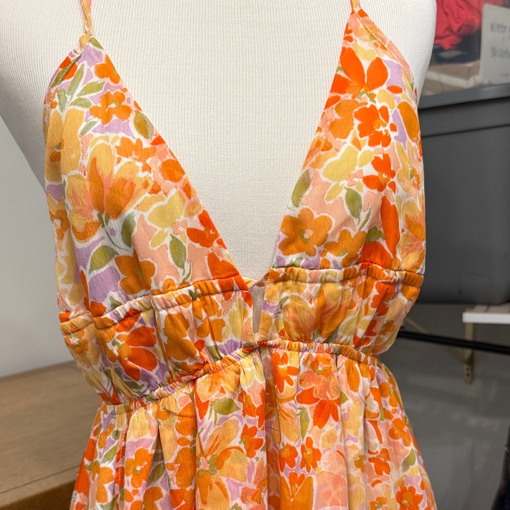 ROMWE Orange Floral Asymmetrical Dress
